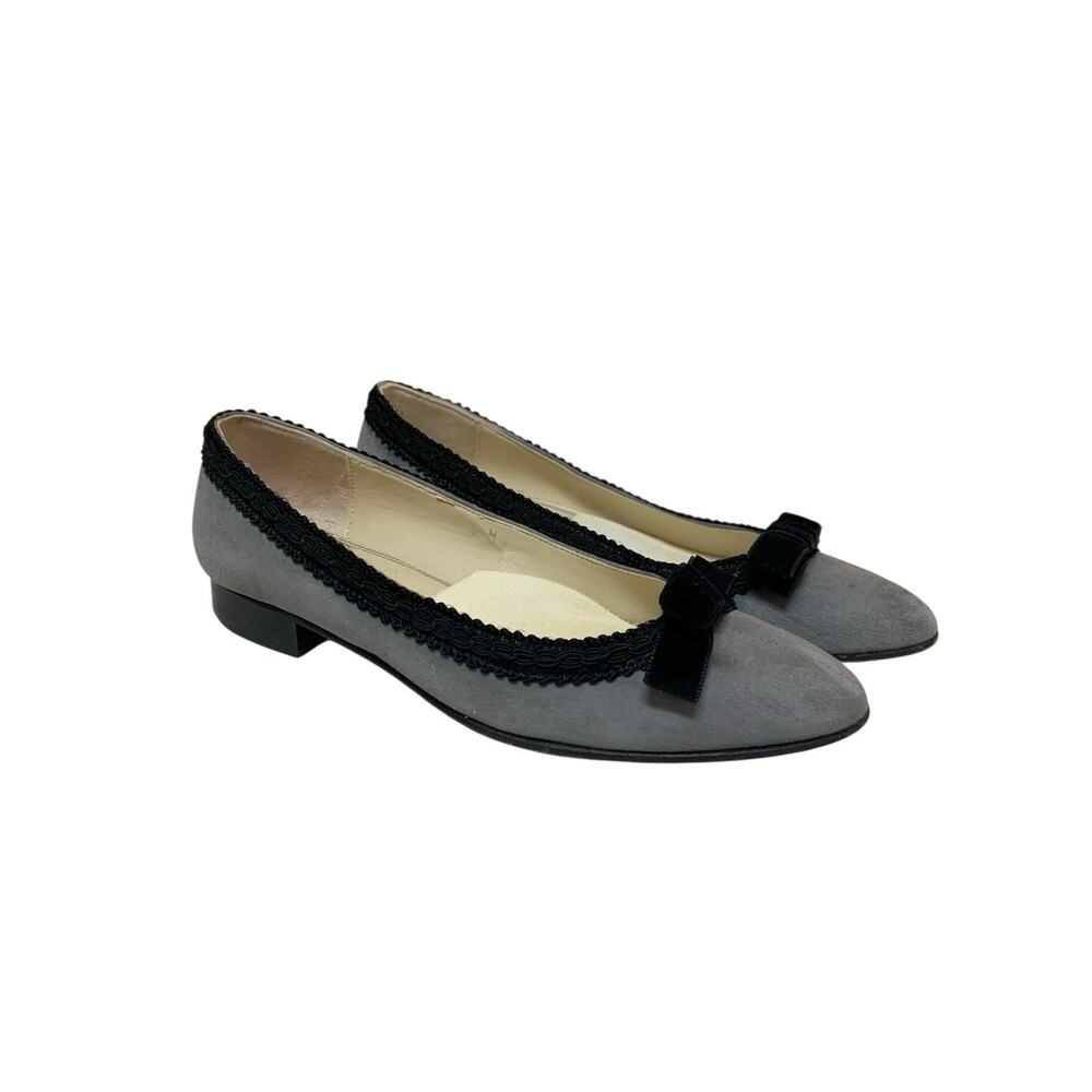 Talbots Flats Low Heel Gray Suede Black Velvet Bow - Made in Spain 6 M